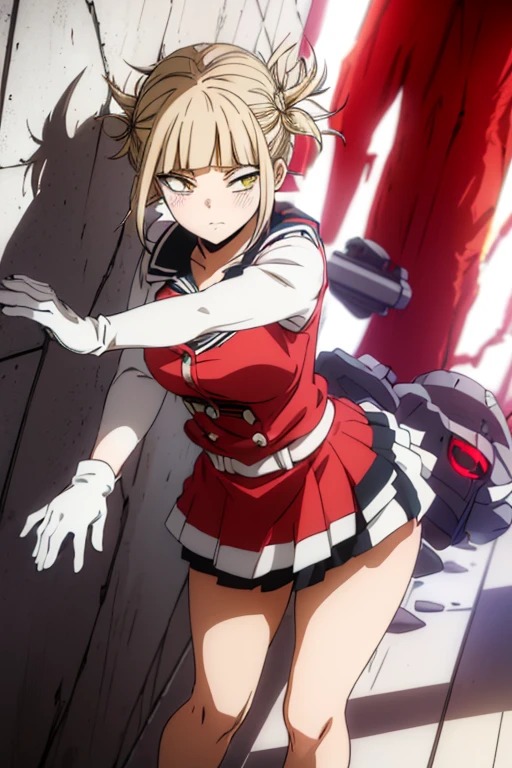 Himiko Toga, ,,(Alone),Himiko toga,(boku no hero academia),(short blonde hair with two messy pulps in her hair and yellow eyes with cat pupils),(Wearing),+,Wearing),+,(\A female character dressed in a short red dress with a super short and sensual skirt, fitted to the body, with white details on the cuffs and collar. She wears white gloves and a traditional red and white Christmas hat, completing the look with red boots.")/,+,(\Facing the front of the fourth wall looking at the fourth wall:1.5)/ 