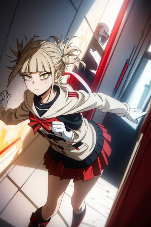 Himiko Toga, ,,(Alone),Himiko toga,(boku no hero academia),(short blonde hair with two messy pulps in her hair and yellow eyes with cat pupils),(Wearing),+,Wearing),+,(\A female character dressed in a short red dress with a super short and sensual skirt, fitted to the body, with white details on the cuffs and collar. She wears white gloves and a traditional red and white Christmas hat, completing the look with red boots.")/,+,(\Facing the front of the fourth wall looking at the fourth wall:1.5)/ 