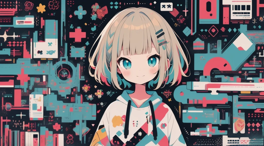 high quality、Colorful color palette、high resolution、pretty girl、 An unprecedented number of draws、Anime Style、Geometric background、Sticker Style、short hair、Blonde、Turquoise Eyes, Messy Hair, front, Hands posing, Until death, Bondage, Baggy clothes