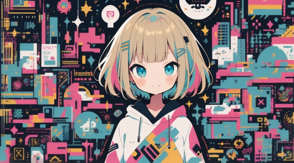 high quality、Colorful color palette、high resolution、pretty girl、 An unprecedented number of draws、Anime Style、Geometric background、Sticker Style、short hair、Blonde、Turquoise Eyes, Messy Hair, front, Hands posing, Until death, Bondage, Baggy clothes