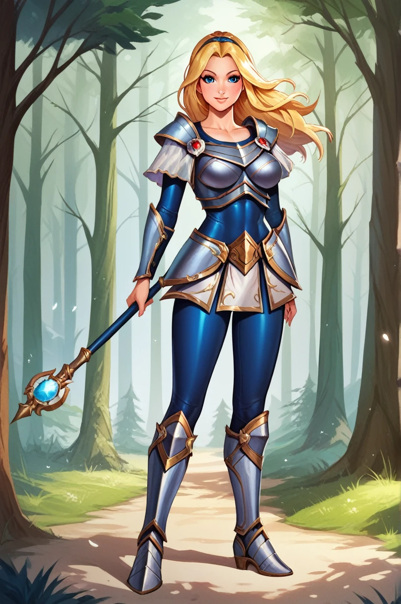 score_9, score_8_up, score_7_up, score_6_up, score_5_up, score_4_up, LuxLoLXL, blue eyes, blonde hair, long hair, hairband, big breasts, collarbone, shoulder armor, armor, blue bodysuit, breastplate, long sleeves, faulds, skirt, blue pants, armored boots, holding staff, solo, full body, standing, seductive smile, looking at viewer, forest, tree 