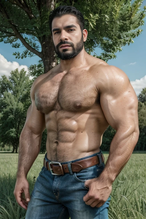 A cowboy bodybuilder man (handsome, tanned skin, beard, macho, thick lips, eyebrows, beautiful nose) semi open cowboy shirt, denim belt, skinny jeans, bulge, in a field, tractor, trees