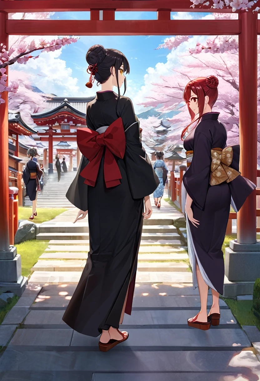 ((masterpiece,best quality)),2girls, black kimono, black legwear, black ribbon, black hair, cherry blossoms, day, flower, hair bun, hair ribbon, japanese clothes, kimono, long hair, looking at viewer, looking back, multiple girls, obi, outdoors, red eyes, red hair, ribbon, sandals, single hair bun, stairs, standing, statue, torii, tree, white kimono, yellow eyes