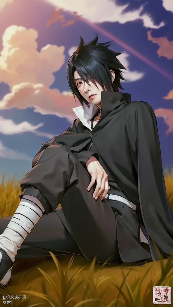 1man, uchiha sasuke in anime naruto, short hair , black hair, red eyes, handsome, black clothes, realistic clothes, detail clothes, outdoor background, ultra detail, realistic