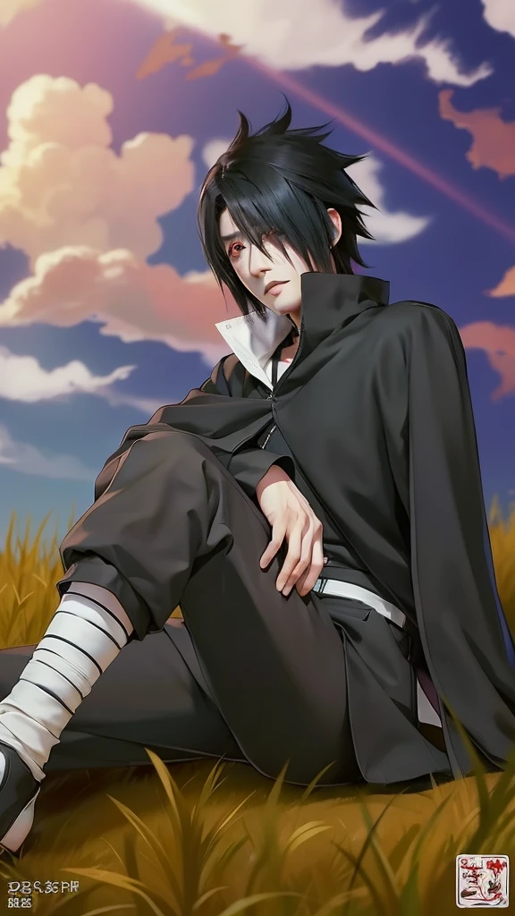 1man, uchiha sasuke in anime naruto, short hair , black hair, red eyes, handsome, black clothes, realistic clothes, detail clothes, outdoor background, ultra detail, realistic