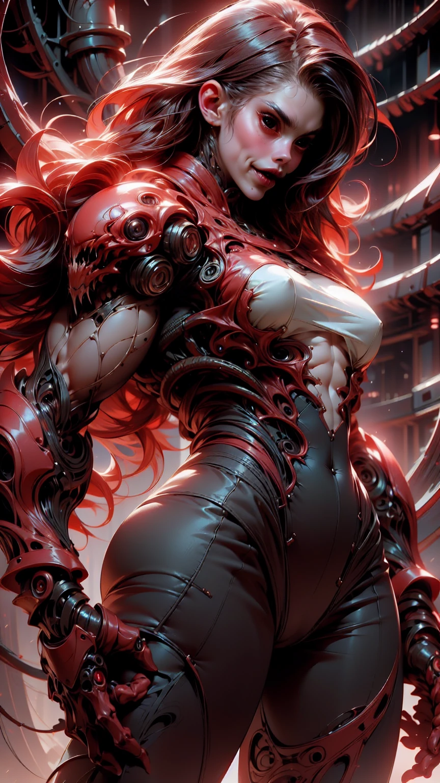 (beautiful girl:1.25), (megan fox:1.25), (young bodybuilder girl wearing cybernetic muscle suit:1.25), carnage muscular physique, seductive face, mouth wide open carnage style, long red hair, perfect muscular body, super skinny legs, sissy, femboy, (carnage style physique)