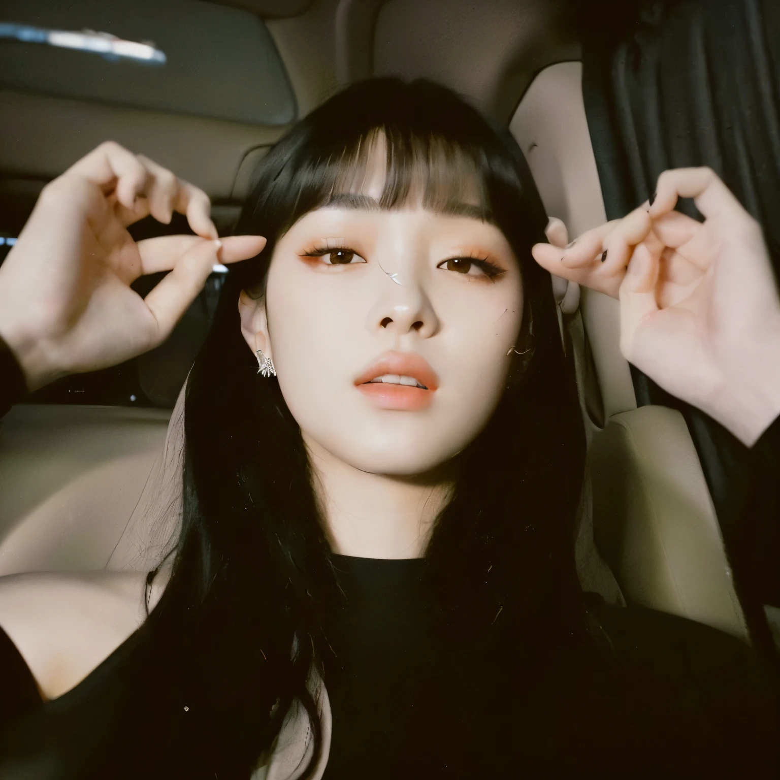 Araffe woman with long black hair putting on earrings in a car., she has black hair with bangs, ulzzang, lalisa manobal, jossi de blackpink, with bangs completo, with bangs, Lalisa Manoban of Blackpink, portrait of jossi de blackpink, roseanne park by blackpink, Jisoo from Blackpink, sun yunjoo, jinyoung shin