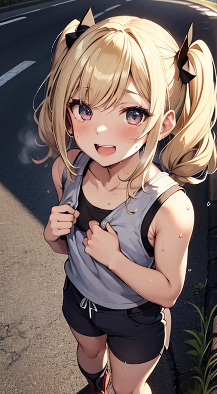 top-quality、supreme1People Girls,hightquality,A detailed face、A detailed eye、Detailed nose、Detailed mouth、 Beautiful expression, ((masuter piece)), ((High resolution)), ((Best Quality)), detail, (NSFW:1.4 ,cum faced、Excited face.Very happy,), ((Skin shiny with sweat)), (Tank Tops、hotpants)、 girl with, a blond, (Half Twin Tail)、Standing figure、fair white skin:1.3、、Smaller chest, cinmatic lighting, perfectly shaded,(((In the street))), Realistic lighting with shades,Reflecting the whole body