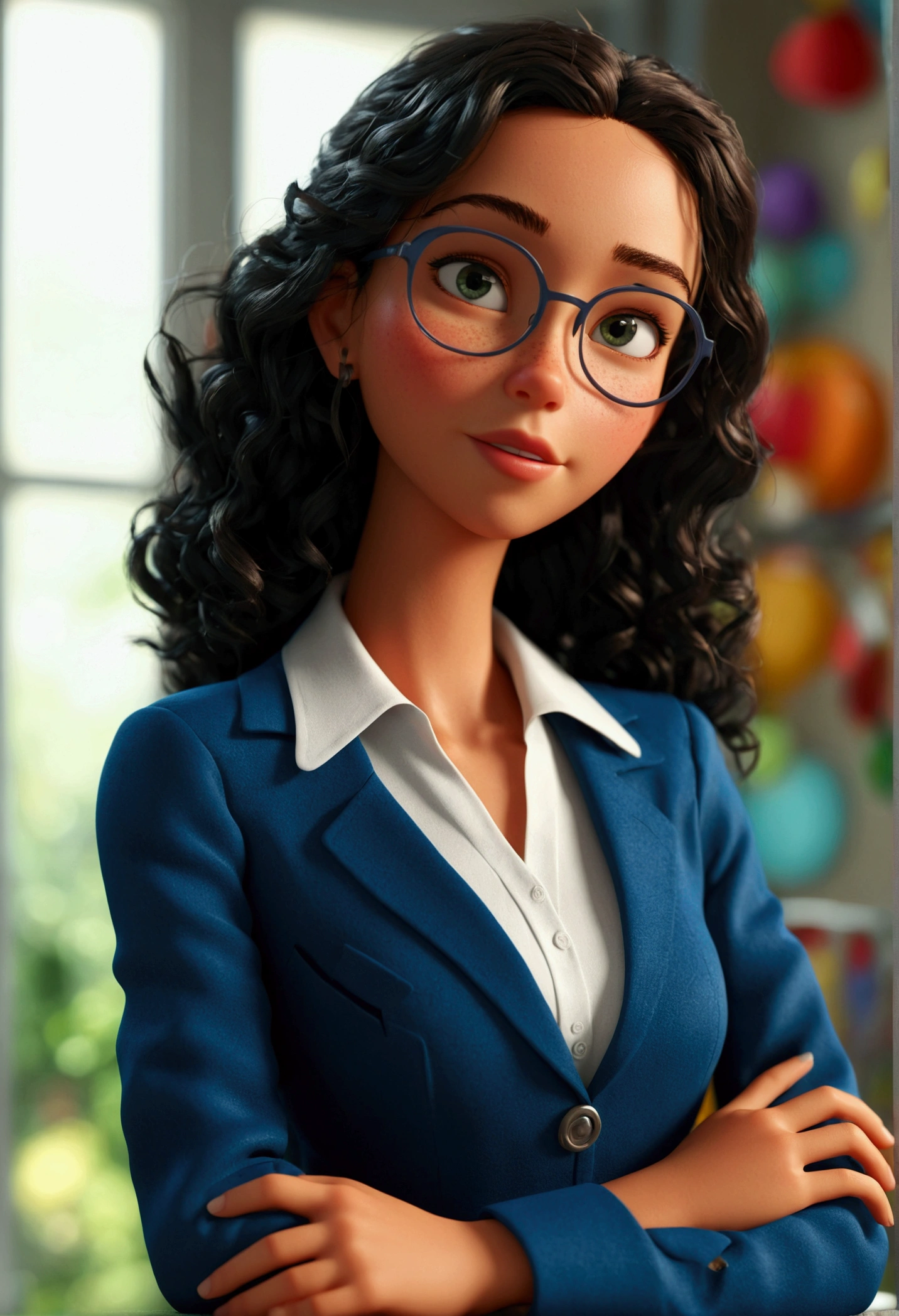 Cartoon character of a woman teacher with long black curly hair, brunette skin, and blue coat, holding a paper plane, an animated character, stylized character, animation style rendering, 3d stylized, Arnold Maya rendering, Stylized 3D rendering, toon render screenshot, 3d character, 3d character, Stylized 3D rendering, 3D character rendering, cartoon character, Personagem de close up, character posing, (Pixar-style) (master part:1.2) (bokeh) (best qualityer) (skin detailed) (detailed texture) (8K) (Argilla) (cinematic lighting) (sharp focus,Sit down and lift your upper body