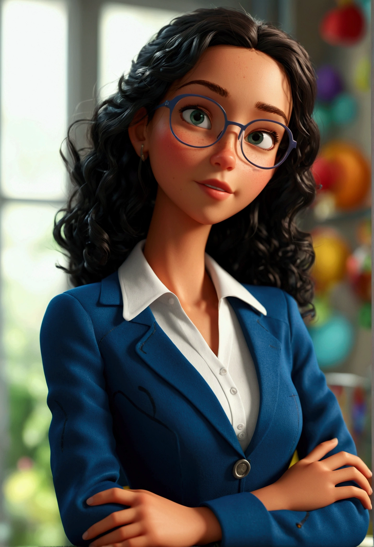 Cartoon character of a woman teacher with long black curly hair, brunette skin, and blue coat, holding a paper plane, an animated character, stylized character, animation style rendering, 3d stylized, Arnold Maya rendering, Stylized 3D rendering, toon render screenshot, 3d character, 3d character, Stylized 3D rendering, 3D character rendering, cartoon character, Personagem de close up, character posing, (Pixar-style) (master part:1.2) (bokeh) (best qualityer) (skin detailed) (detailed texture) (8K) (Argilla) (cinematic lighting) (sharp focus,Sit down and lift your upper body