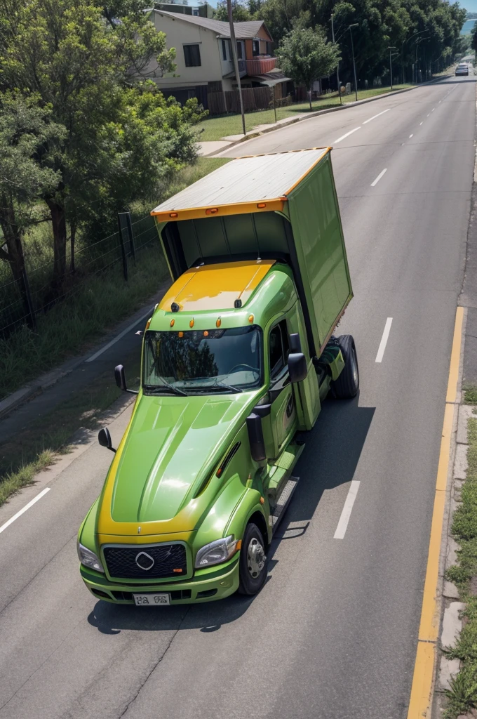 An orange and green truck driving along a heart-shaped road