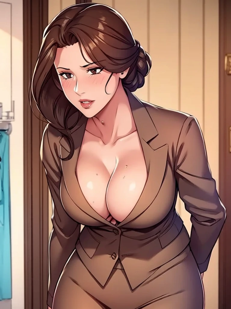  a brown office suit, high quality,4 4k, masterpiece, realistic, sexy, horny, lewd looking women