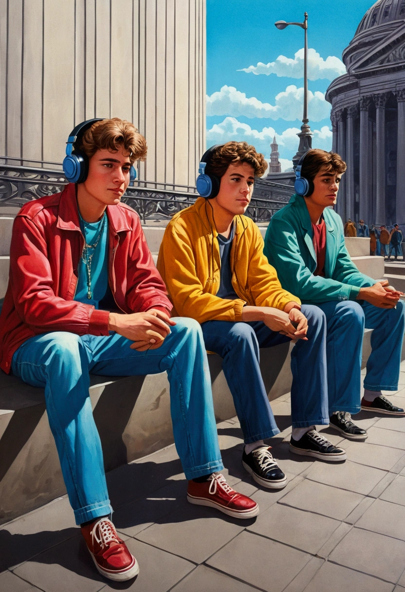 Cartoon image of young men listening to music, sitting blankly in the capital, 80s era.