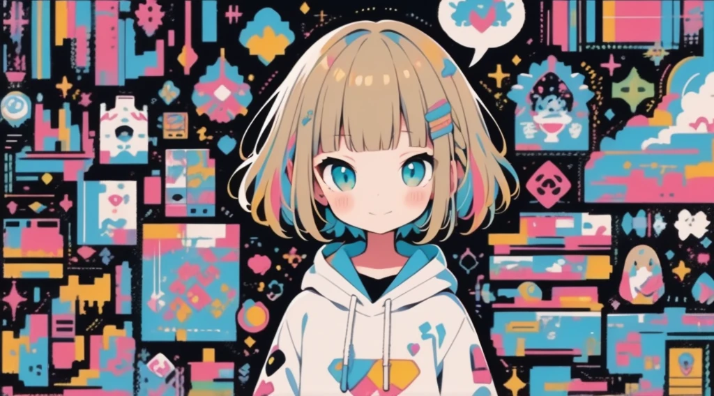 high quality、Colorful color palette、high resolution、pretty girl、 An unprecedented number of draws、Anime Style、Geometric background、Sticker Style、short hair、Blonde、Turquoise Eyes, Messy Hair, Pink hoodie、Cat ears of the same color as the hair、front, Hands posing, Until death, Bondage, Baggy clothes