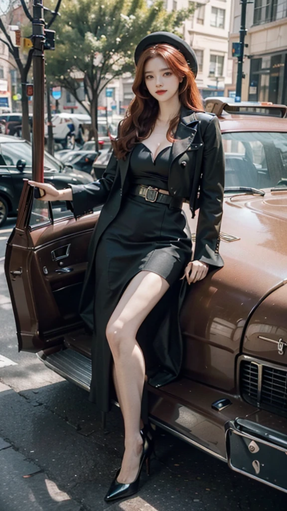 masterpiece, pale skin, red lips, light eyes, eyeshadow, front shot a beautiful red-haired woman with medium curly hair standing on the street holding a Thompson drum M1928A1, behind her a 1928 Cadillac Town Sedan left green, she wears a mafia suit with red and black colors, Skirt and jacket on her shoulders in mafia style, she also wears a hat, garter holder and heels, very detailed body, detailed car and clothes, chiaroscuro, natural daylight, highly detailed, her and the car focused on the image