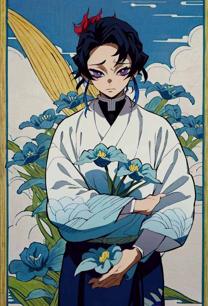 Kimetsu no yaiba style, masterpiece, solo, full-length, full-length, full-length, full-length, best quality, 0.8, 1guy, blue hair, haori with blue lilies, black blade, scar on left half face, Ubuyashiki garden in the background