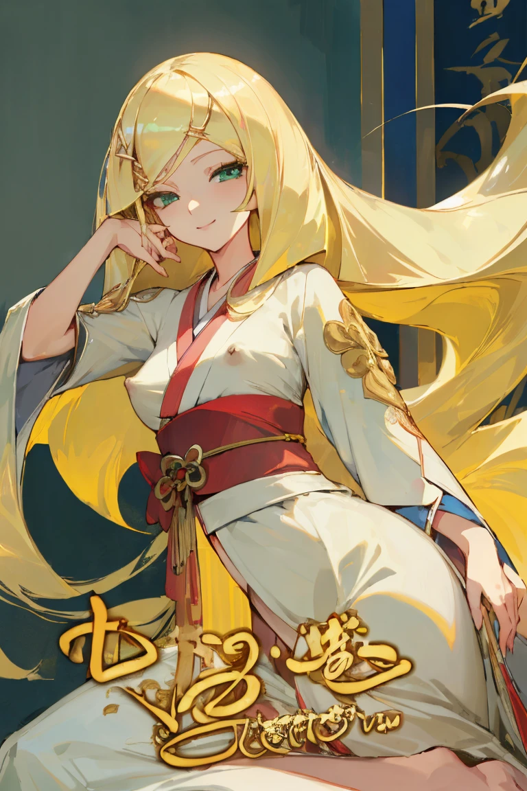 ((Highest quality)), ((masterpiece)), (Familiar), Lusamine,thin,Long blonde hair,Small breasts,Small breasts,Erect nipples,Adult female,Green Eyes,Slanted Eyes,kimono,華麗な赤いkimono,Gold embroidery,hairpin,Captivating smile