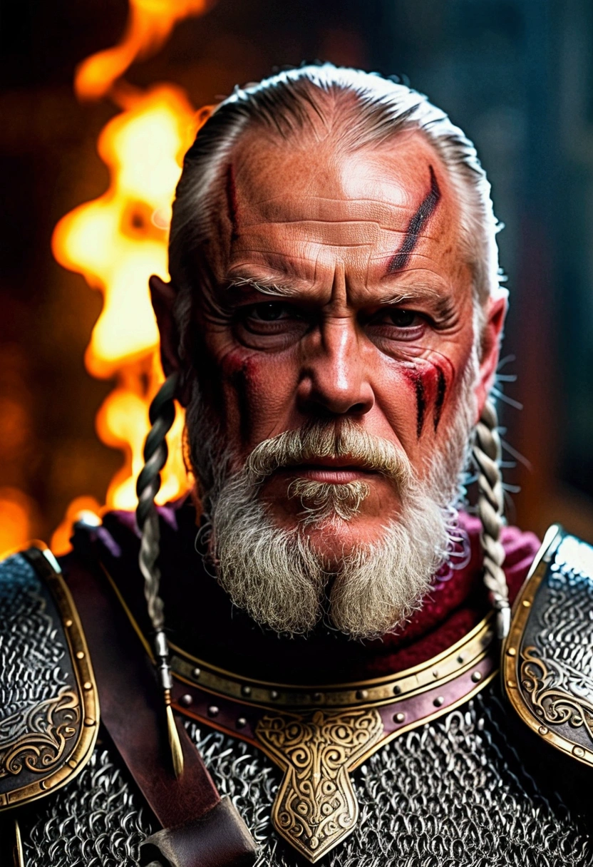 (highest quallity:1.3), cinematic shot, work of art, (sharp focus:1.5), (photorrealistic:1.3),  Medium portrait of (a tired-looking old Viking warrior, but still proud and fierce, now the leader of his village, dressed in elaborately detailed chainmail and leather armor, some torches burn on the walls, giving the scene a dark atmosphere, but sculpting the forms in sharp chiaroscuro), it&#39;s night, (highly detailed skin),  (face detailed), detailed back ground, dark lighting, twilight lighting, volumetric lighting,  details Intricate, ultra HD,  