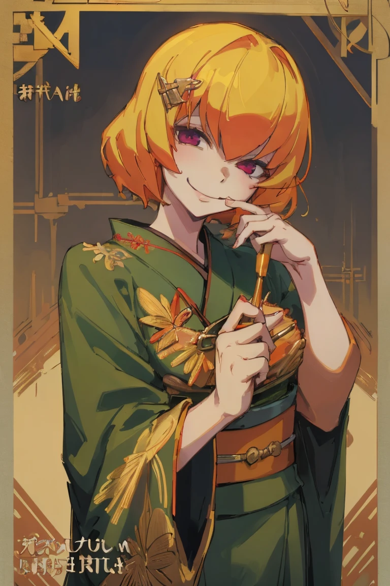 ((Highest quality)), ((masterpiece)), (be familiar with),Clementine,Overload,nsfw,kimono,Gorgeous green dress,Gold embroidery,hairpin,Captivating smile