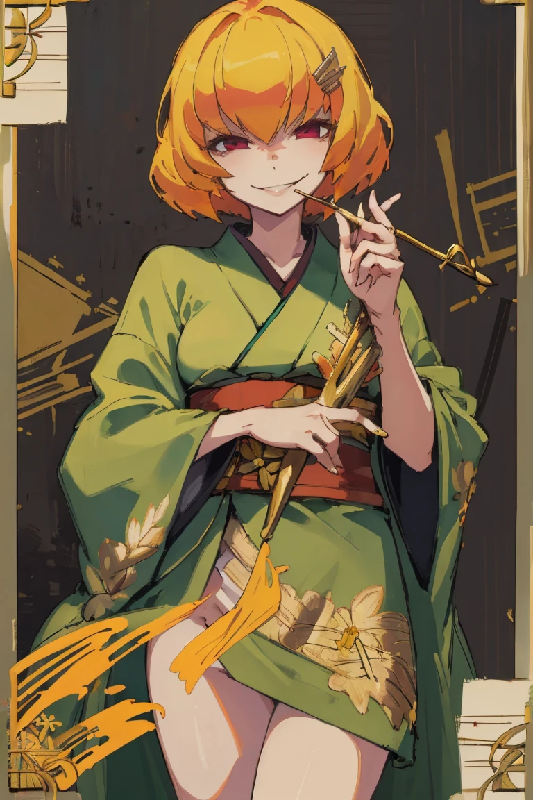 ((Highest quality)), ((masterpiece)), (be familiar with),Clementine,Overload,nsfw,kimono,Gorgeous green dress,Gold embroidery,hairpin,Captivating smile