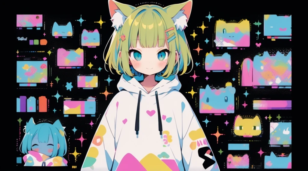 high quality、Colorful color palette、high resolution、pretty girl、 An unprecedented number of draws、Anime Style、Geometric background、Sticker Style、short hair、Blonde、Turquoise Eyes, Messy Hair, Pink hoodie、Cat ears of the same color as the hair、front, Hands posing, Until death, Bondage, Baggy clothes
