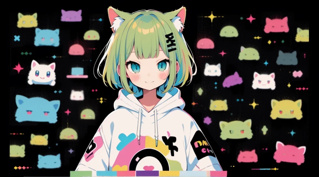 high quality、Colorful color palette、high resolution、pretty girl、 An unprecedented number of draws、Anime Style、Geometric background、Sticker Style、short hair、Blonde、Turquoise Eyes, Messy Hair, Pink hoodie、Cat ears of the same color as the hair、front, Hands posing, Until death, Bondage, Baggy clothes