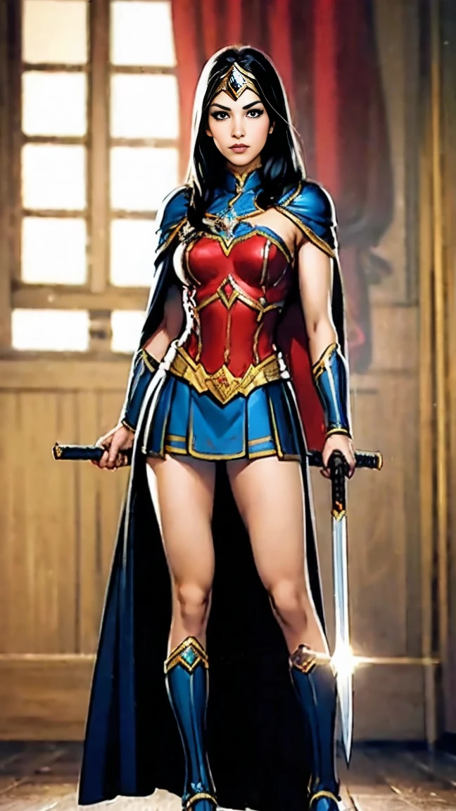 ((full body photo, standing)) masterpiece, best quality, 1girl, veronica, (((full body photo))) 1 girl, Wonder Woman, bracelet, black hair, blurred, armband, breathing, cape, cowboy shot, depth of field, restraint, gun restraint, lasso, looking at viewer , parted lips, pommel, realistic, reverse grip, shield, skirt, snow, neveing, alone, superhero, sword, tiara, toned, weapon, weapon behind back, ((work of art))
