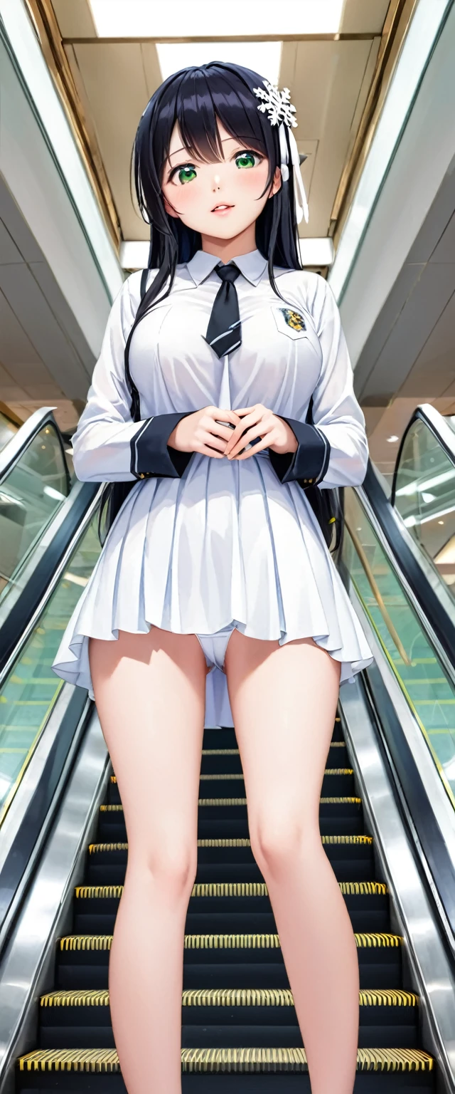 miyuki, One Girl, 一人in, length_hair, Naughty big、Big ample breasts、前hair, green_eye, black_hair, hair_Decorations have been removed, length_sleeve, School_uniform, hair_ribbon, dull_前hair, white_dress, Own_hand_together, black_tie, in_missile, Yuki, Snowflake_hair_Decorations have been removed、Look at the viewers、、Standing on an escalator, (Up escalator), (Lower Body Shot), Thigh focus, (Shot from below 1.3), (View from behind 1.3)、 (white panties:1.3)、(Roll-up skirt:1.3)、(Full-fledged panties:1.5)