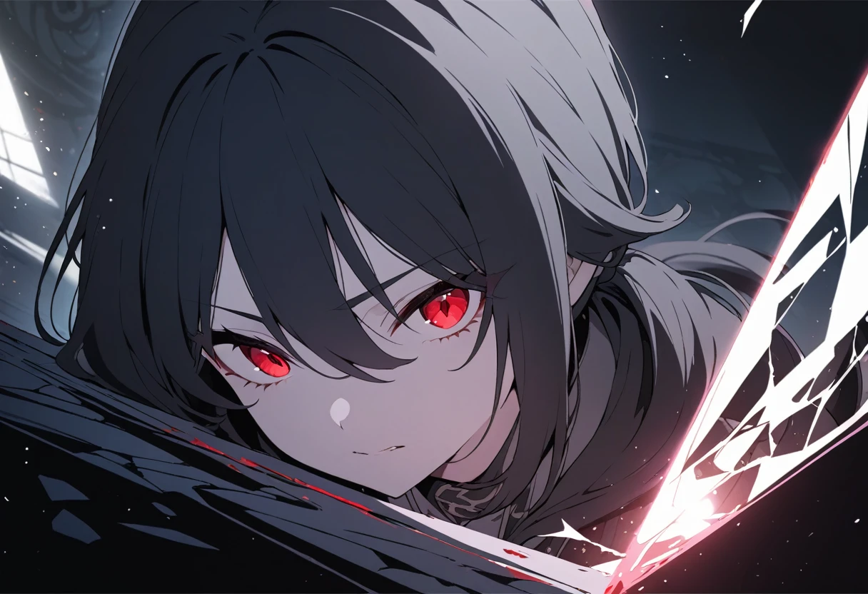 (masterpiece, Highest quality, Super detailed, Best Shadow), (Detailed Background,Dark fantasy), (Beautifully detailed face), High Contrast, (Best lighting, Very delicate and beautiful), ((Cinematic Light)), colorful, Hyper Detail, Dramatic Light, Intricate details, (1 Girl, alone,Black Hair, Sharp Face,Low ponytail,Red eyes, Hair between the eyes,Dynamic Angle), Blood splatter, Black light swirling around the character, Depth of written boundary,black light particles,(Broken glass),magic circle,