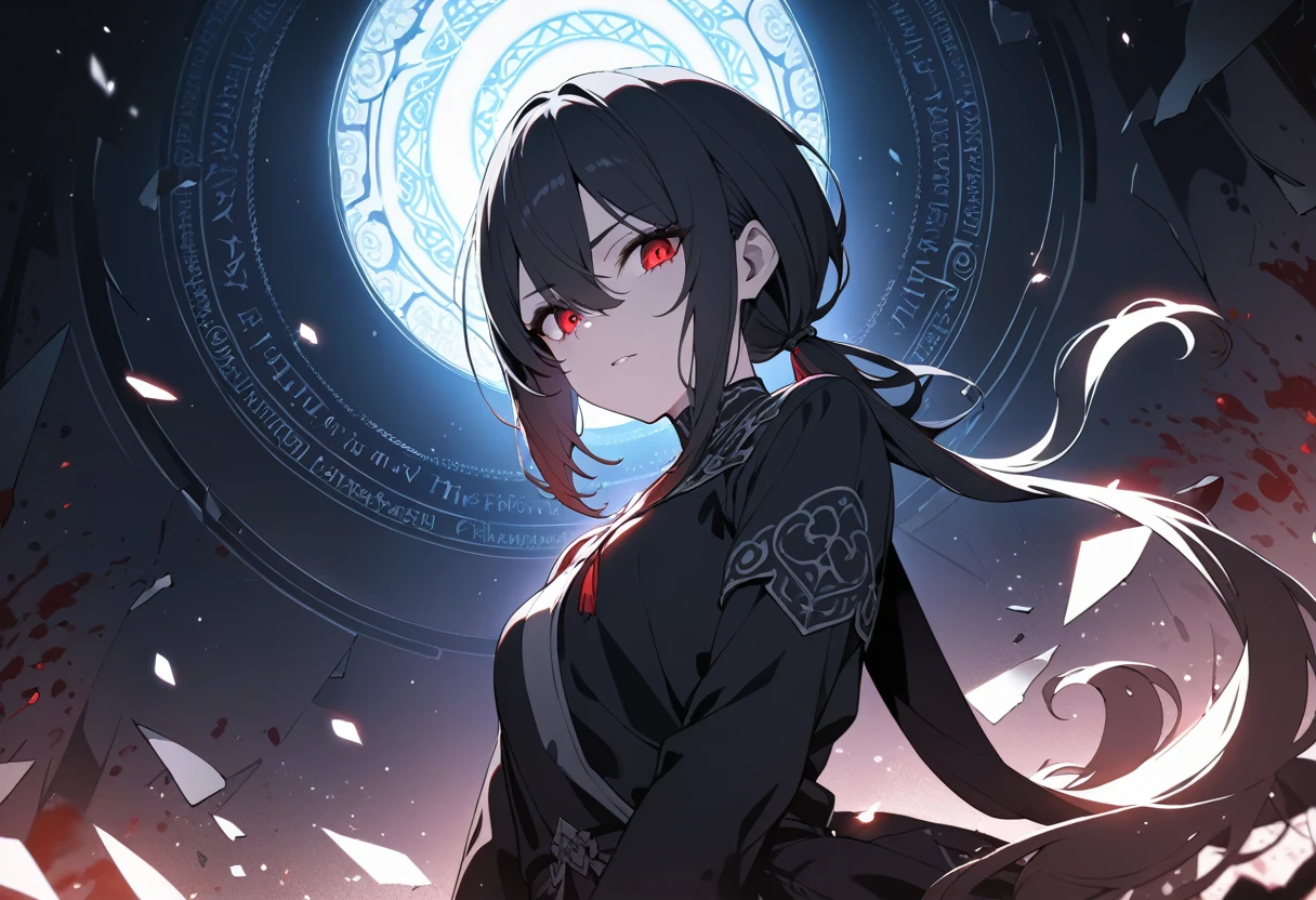 tomboy girl, handsome, short black hair, (masterpiece:1.2、highest quality), (Exquisite eyes: 1.2), (Detailed Background、Dark fantasy), (cute detailed face), High Contrast, (Best lighting、Very delicate and cool), ((Cinema Lighting) )), black coat with white dirty dress, blood splatter, colorful, Hyper Detail, Dramatic Light, Intricate details, serious face, moon behind (20 years old, 1 girl, solo, black short hair, messy hair, pony in left ,Sharp Face, green eyes, pony hair between the eyes, Dynamic Angle), (Blood splatter:1.4), Black light swirling around the character, Depth of written boundary, green light particles, Nightcore, black magician, Spectacular anime style, zerochan art, Anime Wallpaper, Burning, High quality anime art style, Key Anime Art