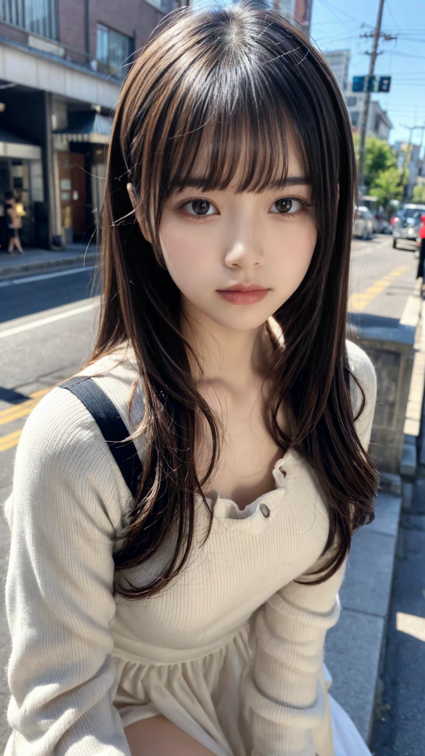 masterpiece, Best Quality, Illustration, Ultra-detailed, finely detail, hight resolution, 8K Wallpaper, Perfect dynamic composition, Beautiful detailed eyes, Tight Mini,Medium Hair,,Natural Color Lip, Randomly sexy poses,Harajuku、20 years girl、Cute、Sexy shot looking at camera,Cute long-sleeved dress,Slender face,Slender body,Background blur
