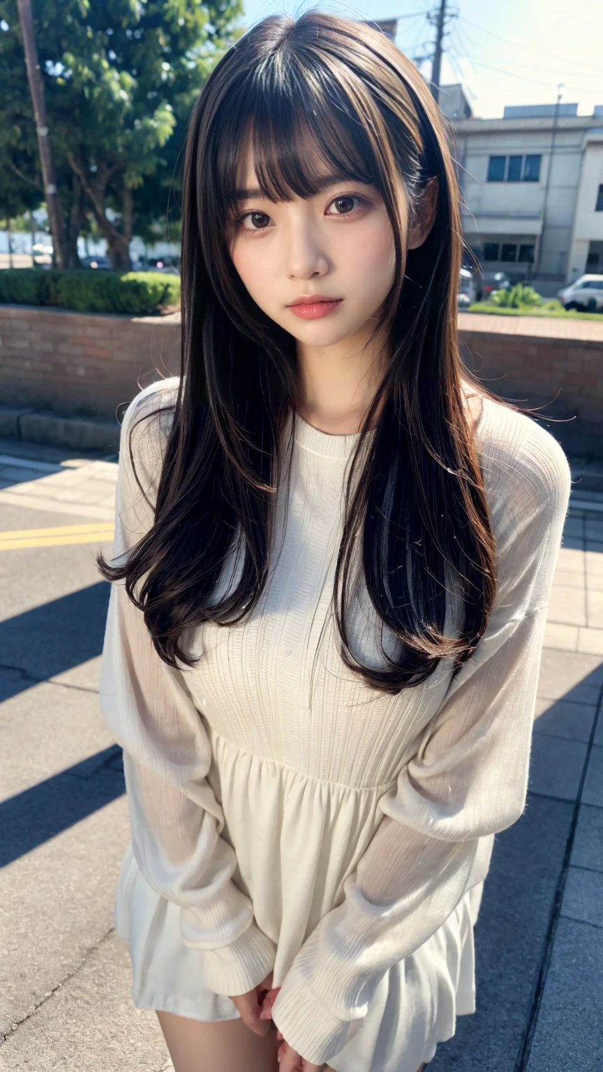 masterpiece, Best Quality, Illustration, Ultra-detailed, finely detail, hight resolution, 8K Wallpaper, Perfect dynamic composition, Beautiful detailed eyes, Tight Mini,Medium Hair,,Natural Color Lip, Randomly sexy poses,Harajuku、20 years girl、Cute、Sexy shot looking at camera,Cute long-sleeved dress,Slender face,Slender body,Background blur