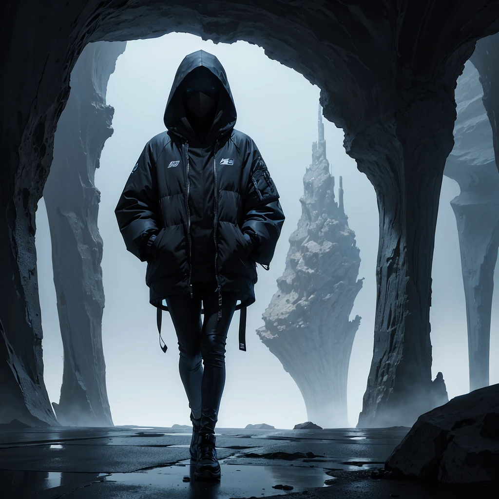 (The best quality)Hooded person exploring the futuristic architecture of an advanced civilization on another planet with dark color palette