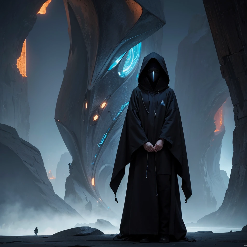 (The best quality)Hooded person exploring the futuristic architecture of an advanced civilization on another planet with dark color palette