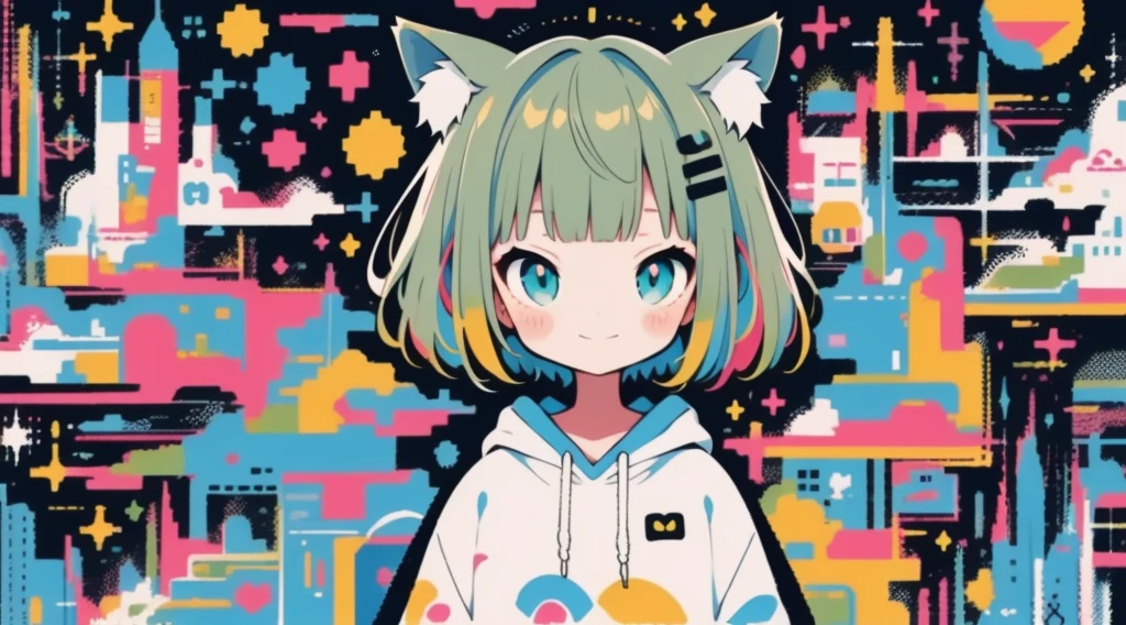 high quality、Colorful color palette、high resolution、pretty girl、 An unprecedented number of draws、Anime Style、Geometric background、Sticker Style、short hair、Blonde、Turquoise Eyes, Messy Hair, Pink hoodie、Cat ears of the same color as the hair、front, Hands posing, Until death, Bondage, Baggy clothes
