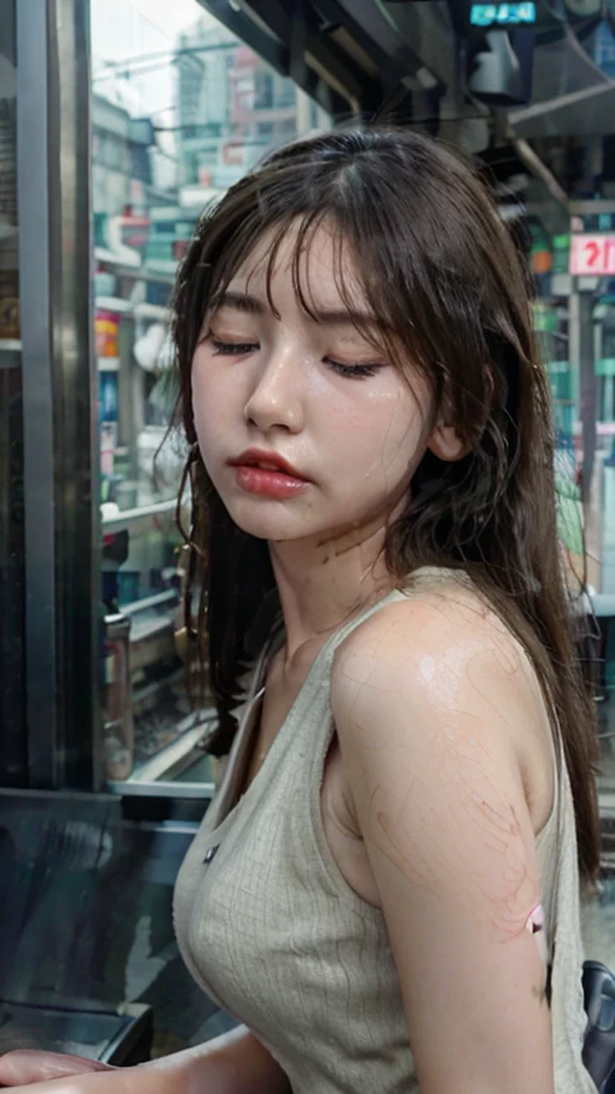 (RAW photo: 1.2), (photorealism: 1.4), top quality, beautiful detailed girl, huge file size, high resolution, 8k wallpaper, fine detail, highly detailed 8k wallpaper, hyper realistic, super detail, masterpiece, A young korean woman, 16 year old girl, very detailed eyes and face, beautiful natural lips, clear white skin, light on face, wet shot on her white body, sexy pose, varied pose, long black hair, beautiful perfect breast, girl, ((black in train)), sleeping, shot from below, train station, rainy days, dark sky, ((Closed Your Eyes)), (open your tongue)