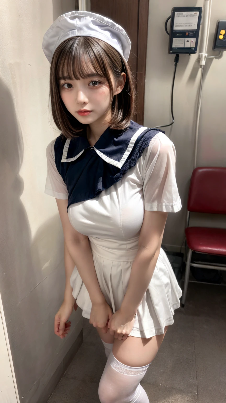 masterpiece, best quality, illustration, Super detailed, fine details, High resolution, 8K,wall paper, perfect dynamic composition,(Details High quality, realistic depiction of eyes:1.3), Hospital Rooms、White nurse cap、White tights、White nurse uniform、to stand、Hand skirt、Flipping up a white skirt, large breasts,short bob hair, black hair color, Big Natural Color Lip, bold sexy pose, crying a little、Harajuku style、20 year old girl、cute type、lolita、beautiful legs, hposing Gravure Idol