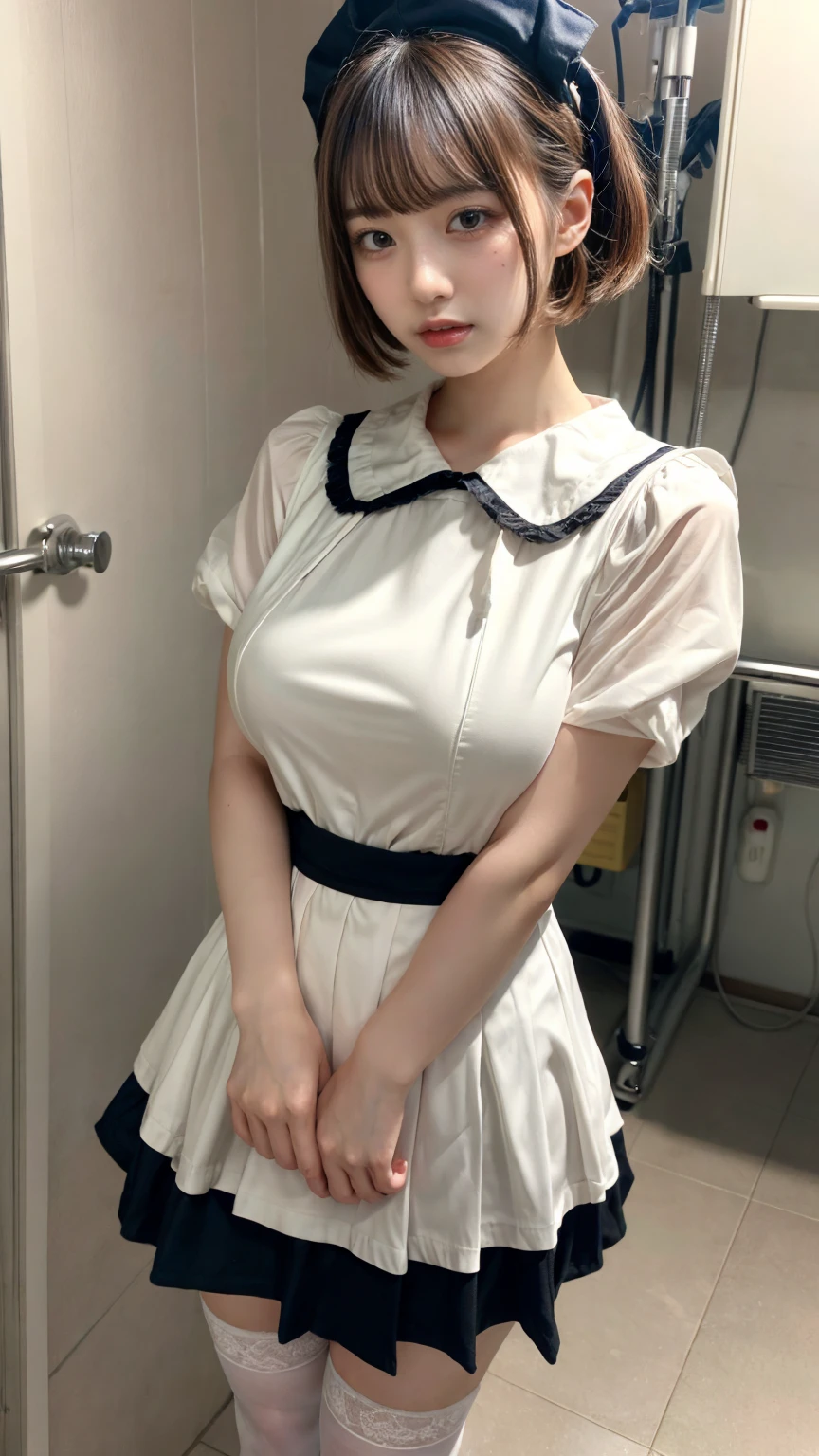 masterpiece, best quality, illustration, Super detailed, fine details, High resolution, 8K,wall paper, perfect dynamic composition,(Details High quality, realistic depiction of eyes:1.3), Hospital Rooms、White nurse cap、White tights、White nurse uniform、to stand、Hand skirt、Flipping up a white skirt, large breasts,short bob hair, black hair color, Big Natural Color Lip, bold sexy pose, crying a little、Harajuku style、20 year old girl、cute type、ta、beautiful legs, hposing Gravure Idol