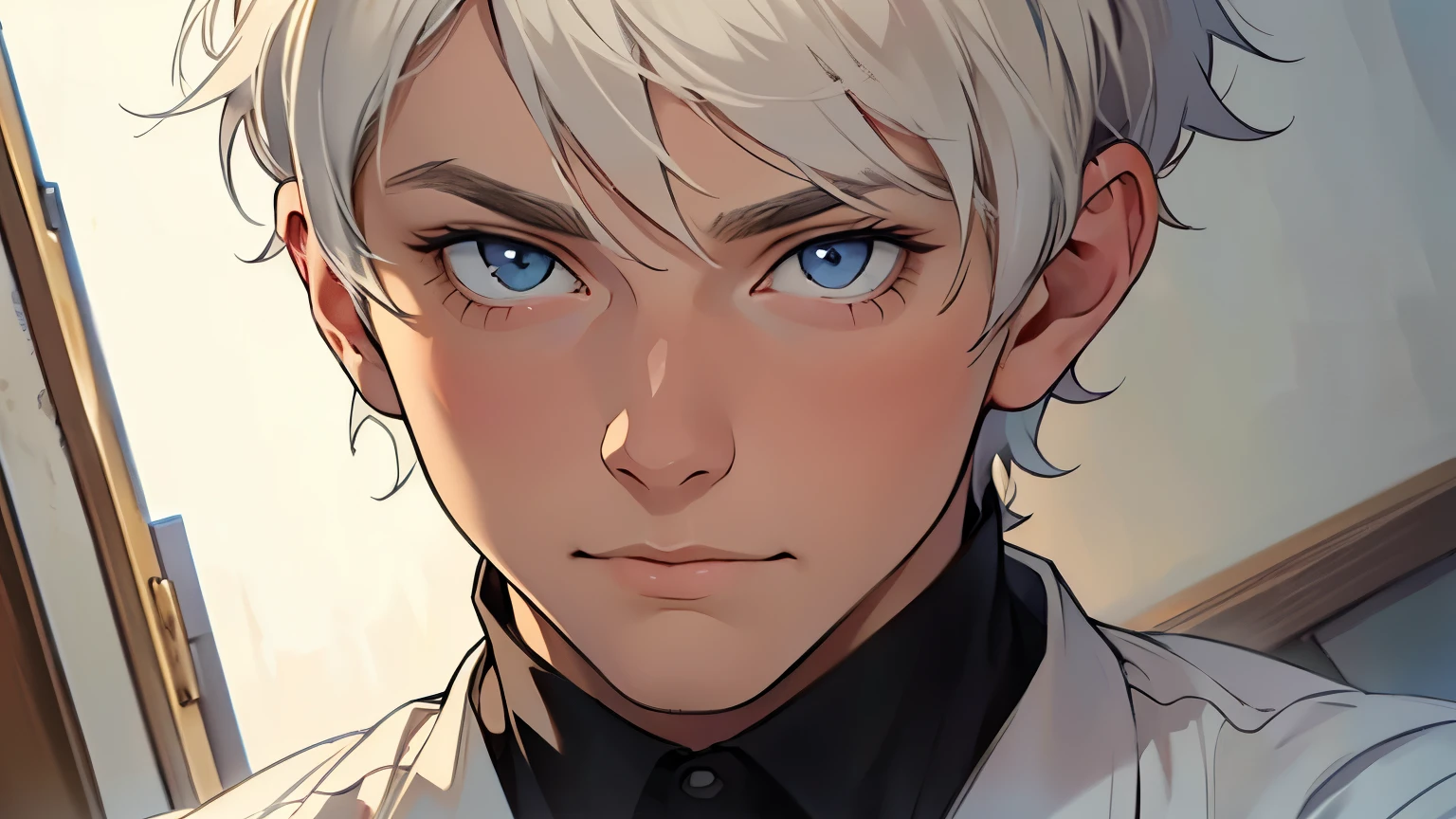 ((best quality)), ((work of art)), ((detailed)), young man, short white hair, silly expression, innocent look