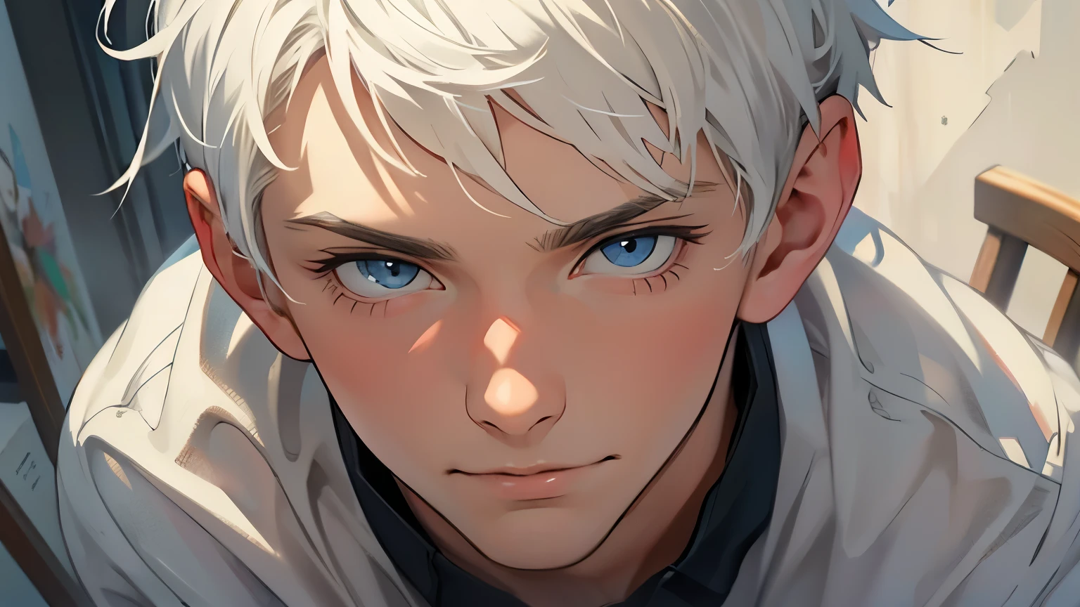 ((best quality)), ((work of art)), ((detailed)), young man, short white hair, silly expression, innocent look