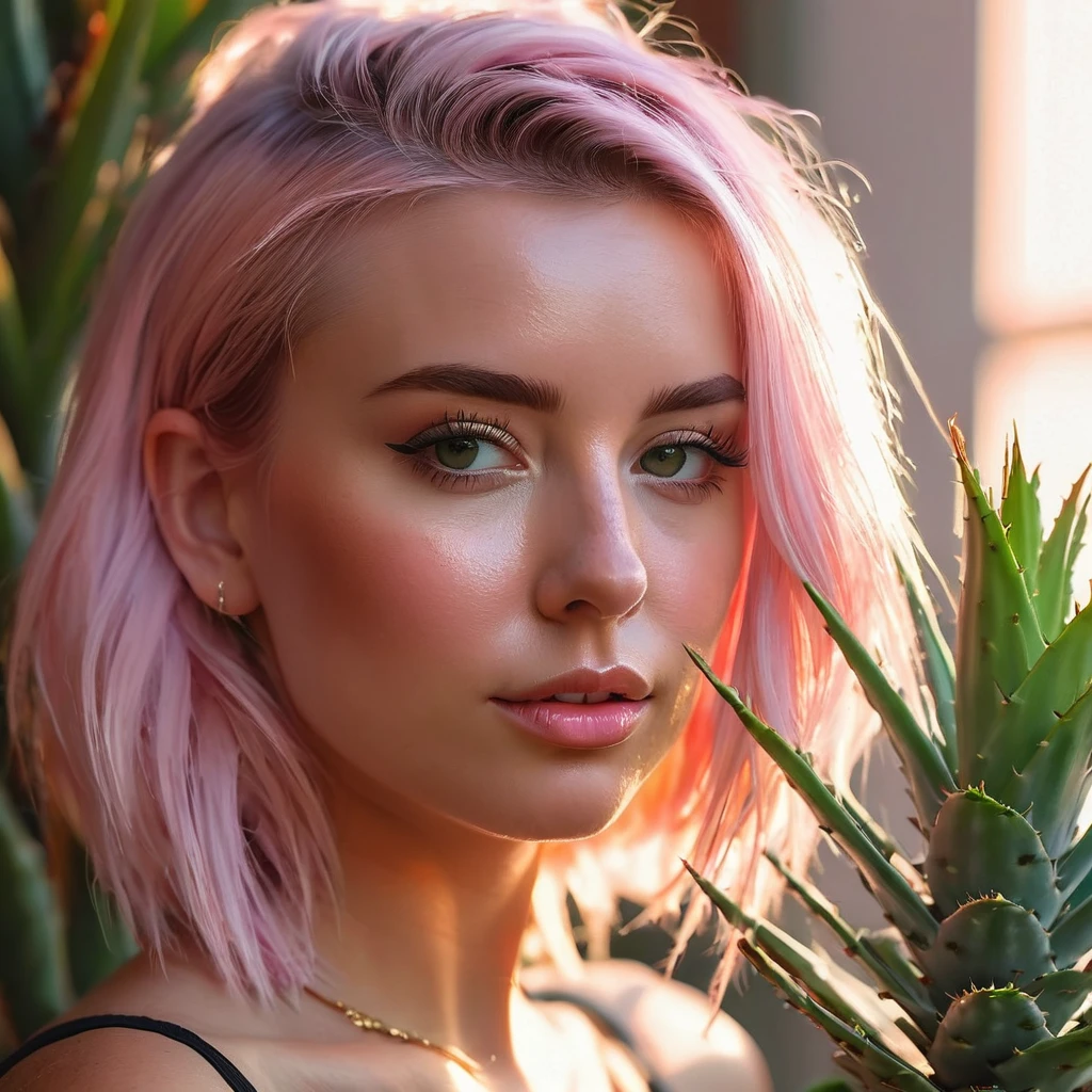 close up portrait of a cute woman, light pink hair, sexy, (gldot) hold an aloe plant, (backlighting), realistic, masterpiece, highest quality, lens flare, shade, bloom, [[chromatic aberration]], by Jeremy Lipking, by Antonio J. Manzanedo, digital painting,