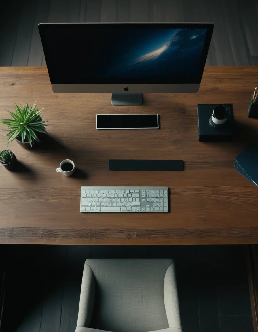 desk,top point of view, picture taken from up, cinematic, large wooden desk