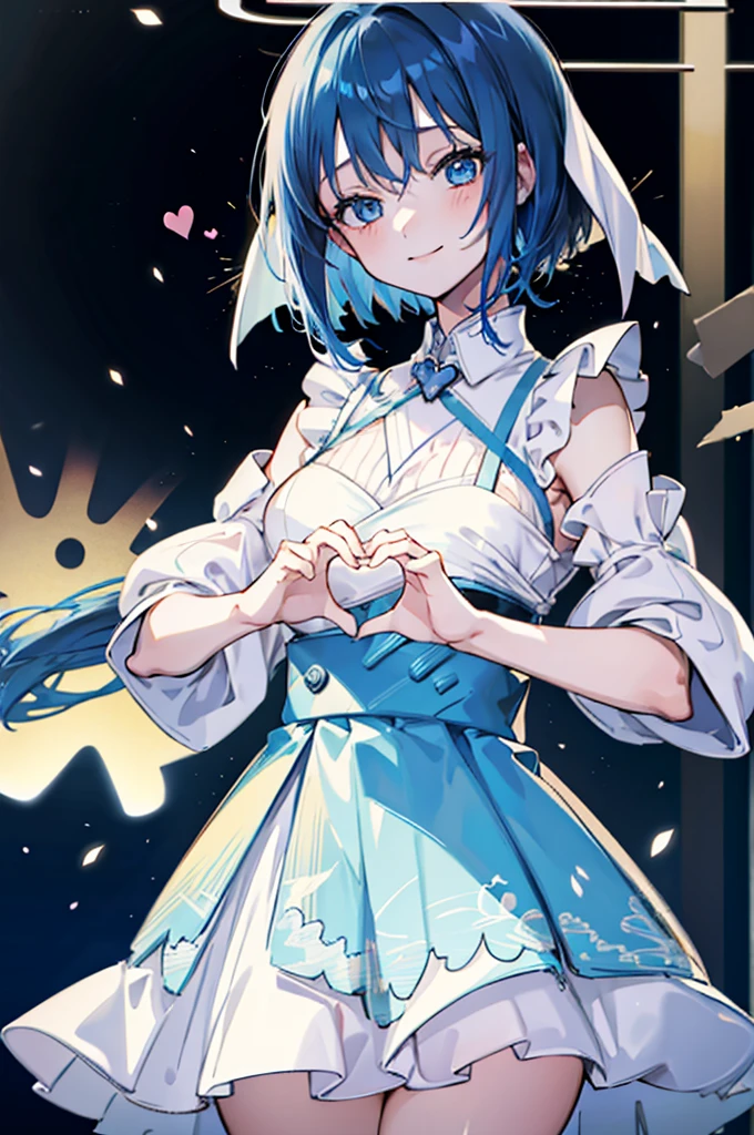 (1girl), blue hair, blue eyes, Maid Dress, (Messy Japanese Round Haircut for Thick Hair), (blue hair), ((solo)), (magazine:1.3), (cover-style:1.3), fashionable, spoken heart, heart hands, light smile, looking at viewer, very aesthetic, absurdres, rating: general, newest, anime coloring, anime screencap, megami magazine, masterpiece, best quality, loraeyes,