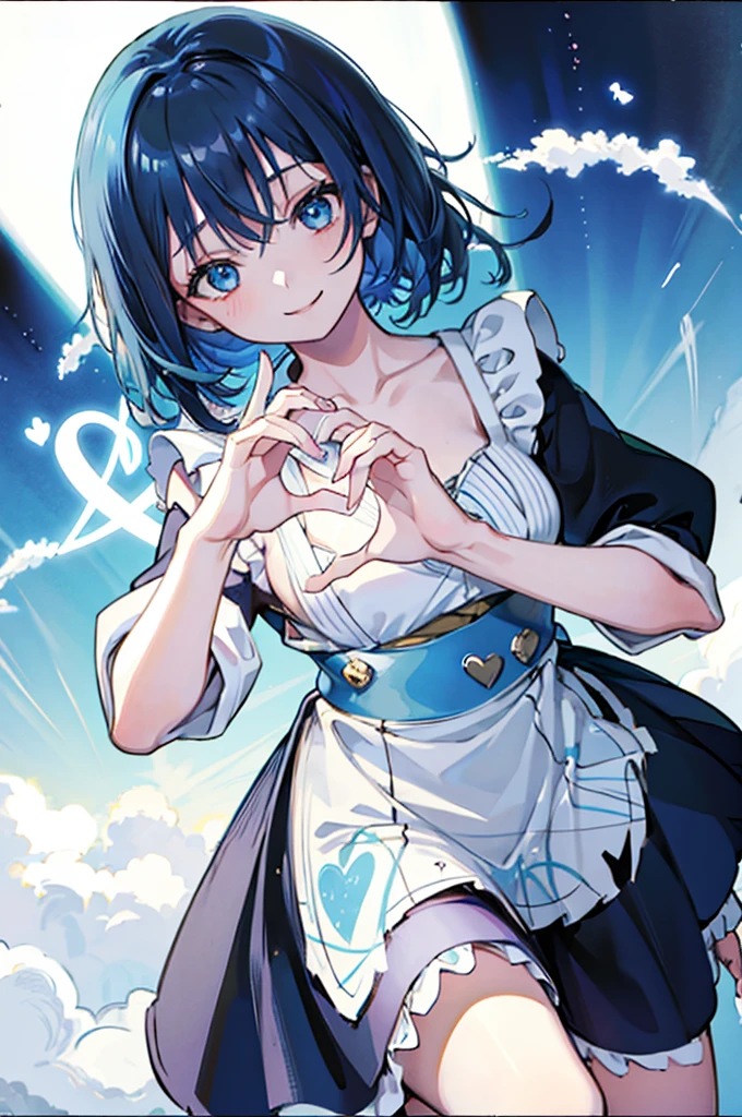 (1girl), blue hair, blue eyes, Maid Dress, (Messy Japanese Round Haircut for Thick Hair), (blue hair), ((solo)), (magazine:1.3), (cover-style:1.3), fashionable, spoken heart, heart hands, light smile, looking at viewer, very aesthetic, absurdres, rating: general, newest, anime coloring, anime screencap, megami magazine, masterpiece, best quality, loraeyes,