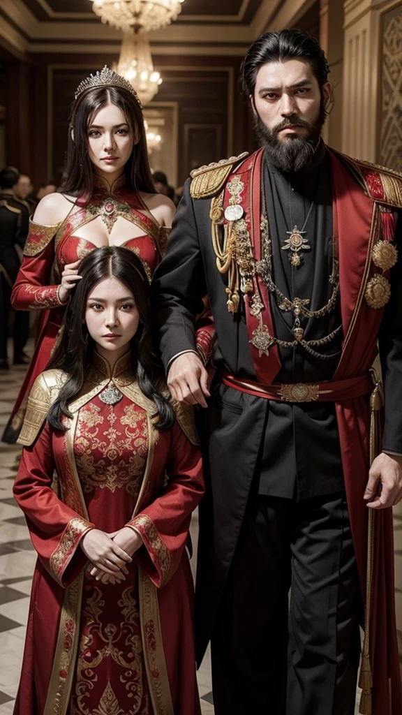 Emperor in imperial clothing mature muscular black hair and beard next to empress milf with red hair imperial dress