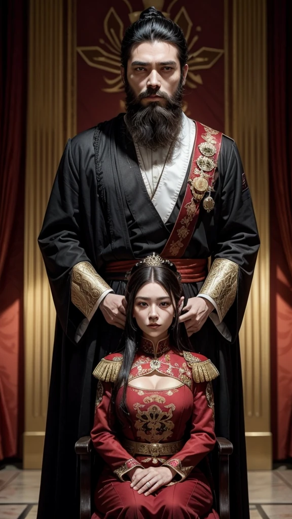 Emperor in imperial clothing mature muscular black hair and beard next to empress milf with red hair imperial dress