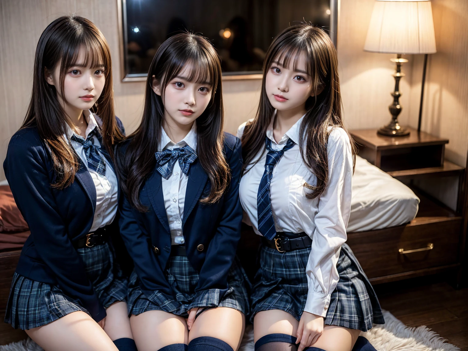 (8K, Raw photography, top-quality, masterpiece:1.2), master piece, best quality, illustration, Super detailed, fine details, High resolution, 8K,wall paper, perfect dynamic composition,(Details High quality, realistic depiction of eyes:1.3), ((2 girls, 2 schoolgirls)), The background is a luxury hotel room、High school girl uniform、blazer 、Super Short Check Uniform Skirt、Navy blue high socks、garterbelts、Colossal tits、Disturbed uniform, Play with each other,Touching each other's bodies,Touching the body of the girl next door, short bob hair, black hair color, huge breasts, Big Natural Color Lip, bold sexy pose, (perfect body shape), crying a little、cold gaze, Beautiful makeup,glitter makeup,Cutest 18 years old, beautiful legs, hposing Gravure Idol, Voluptuous thighs