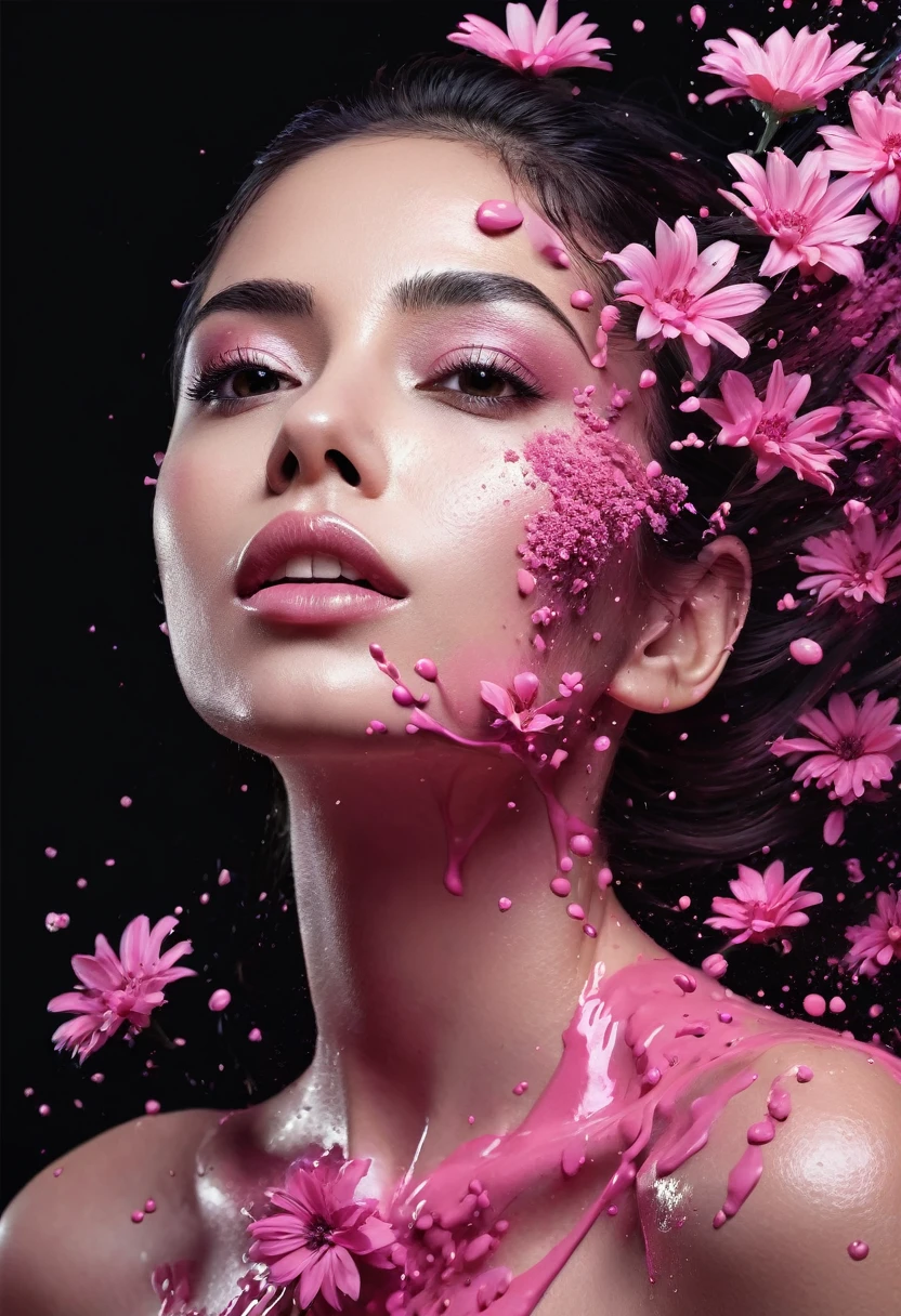 Photorealistic image of a woman mid shot, abstract background, black and pink gradient, made of flowers, paint spilling , ultra clear
