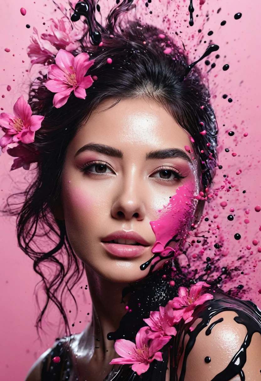 Photorealistic image of a woman mid shot, abstract background, black and pink gradient, made of flowers, paint spilling , ultra clear