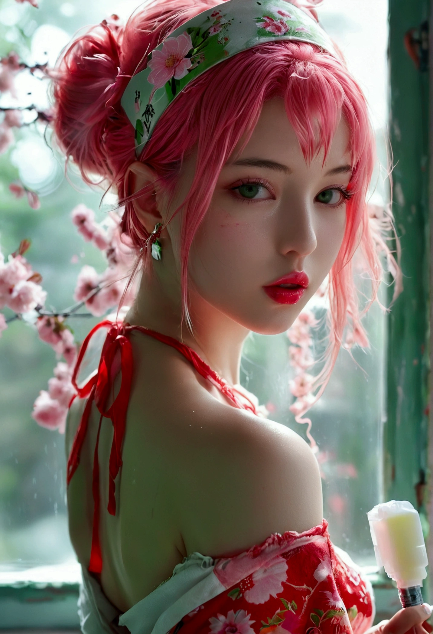 (masterpiece:1.2, best quality), 1girl,solo, large breasts, full body, headband, pink hair, short hair, green eyes, lipstick, red dress, bare shoulder, looking back, sakura, haruno_sakura, naked, sexy, transparent kimono.little pubic hair, silver pubic hair, white skin with a pinkish tint, beautiful lips, perfect mouth, pink eyes, wearing red sandals, perfect little feet, pink painted nails, holding a medical record in one hand (long pink nails), holding a syringe in the other hand, orgasmic face, clear liquid dripping from her pussy.